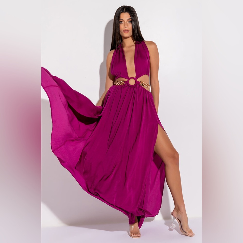 AKIRA Fuchsia Maxi Dress with Gold Chain Accent